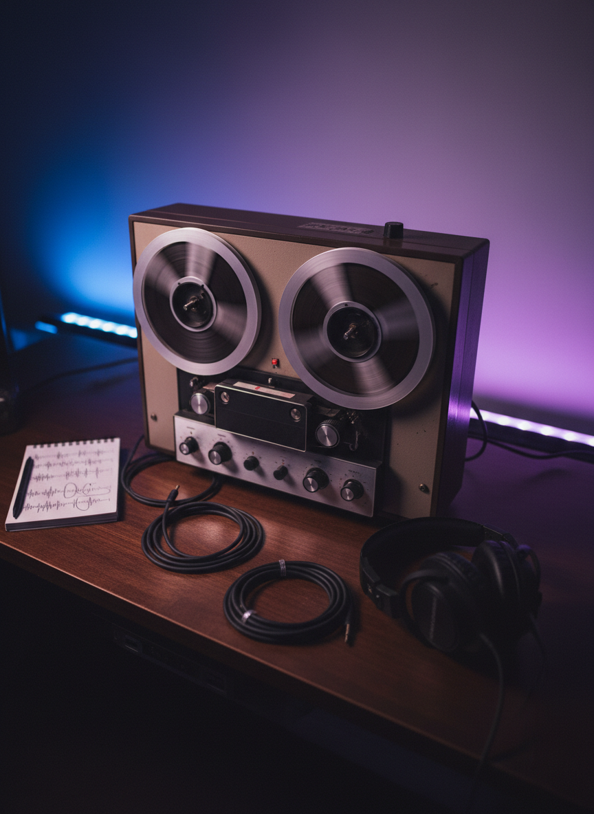An old, slightly scuffed reel-to-reel tape machine on a dark wooden desk, its metallic reels spinning slowly and catching faint reflections of colored light. Surrounding the machine are neatly coiled audio cables, a small notepad with abstract sound-wave scribbles, and a pair of closed, matte-black studio headphones. The room is dimly lit by diffused purple and deep blue LED strips along the back wall, creating a dreamy, otherworldly aura. Photographic realism with an overhead three-quarter view and selective focus on the spinning reels. The atmosphere is intimate, experimental, and sophisticated, evoking the layered textures and analog warmth of trip hop production.