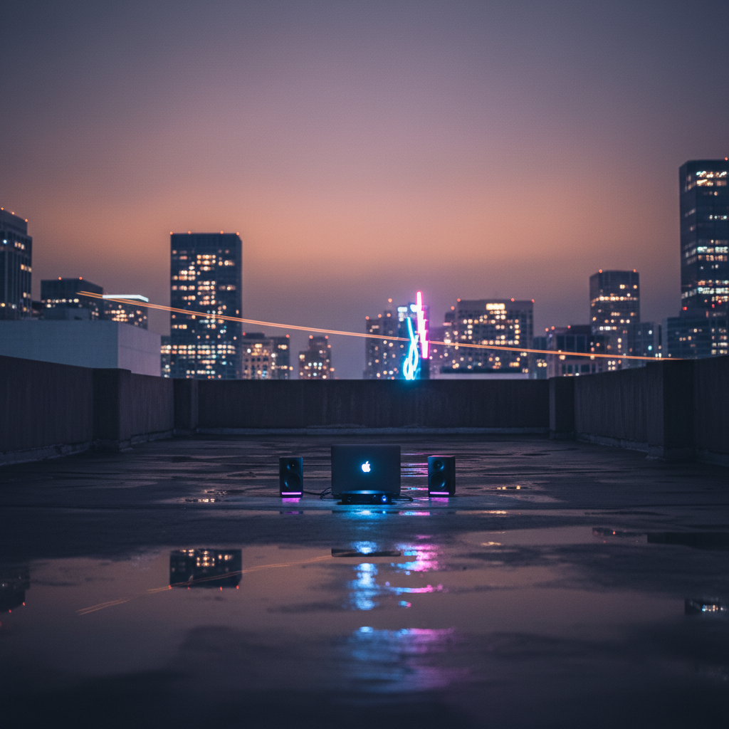 A nighttime city rooftop with low concrete barriers and a dark, slightly wet surface reflecting fragmented lights from distant skyscrapers. At the center rests a compact, high-end music setup: a slim laptop, a small audio interface, and two minimalist monitor speakers, all in matte black with subtle LED accents. A heavy, overcast sky looms above, clouds faintly illuminated by the city glow. Soft, cool ambient lighting from nearby buildings and a distant neon sign paints the scene in blues and muted magentas. Captured in photographic realism from a low, slightly angled perspective, with the equipment in sharp focus and the skyline gently blurred. The mood is solitary, cinematic, and deeply atmospheric, perfect for composing trip hop at midnight.