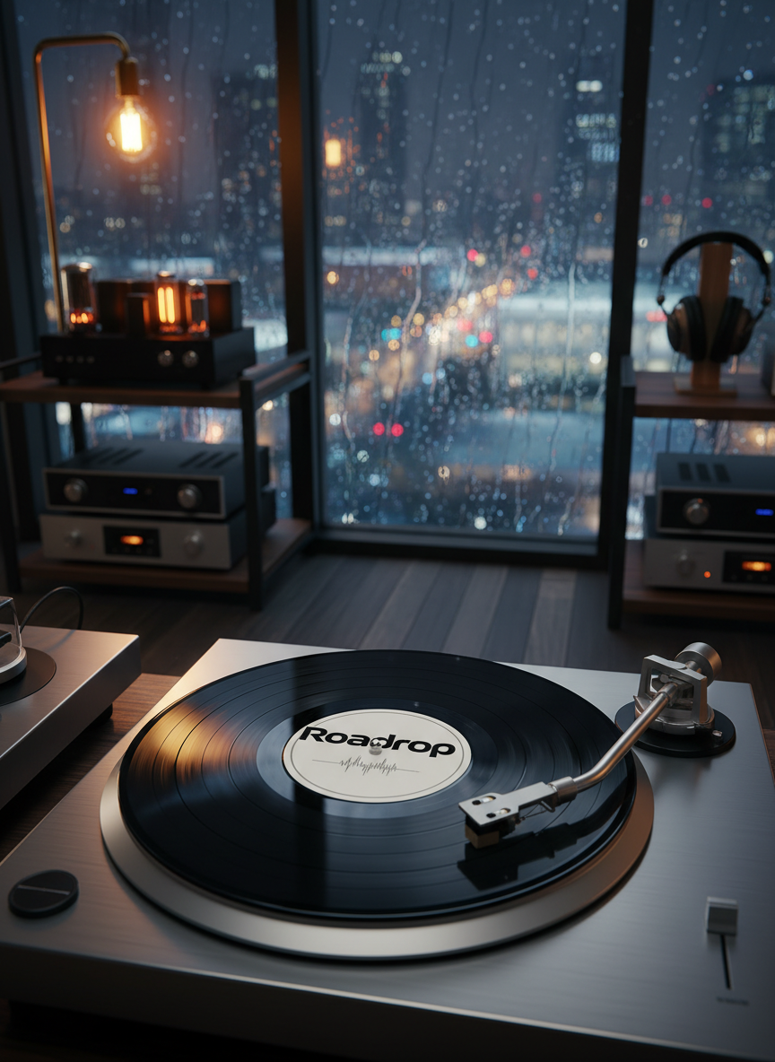 A glossy black vinyl record labeled “Roadrop” resting on a brushed metal turntable, its tonearm hovering just above the first groove, frozen in anticipation. Surrounding the player is a minimalist setup of dark walnut shelves and vintage audio equipment, softly illuminated by a single warm tungsten lamp. In the background, a wide floor-to-ceiling window reveals a rainy cityscape at night, lights diffused through raindrops on the glass. Photographic realism with a slightly elevated angle and shallow depth of field, focusing on the subtle reflections in the vinyl. The scene feels moody, sophisticated, and cinematic, embodying the deep, atmospheric textures of trip hop.