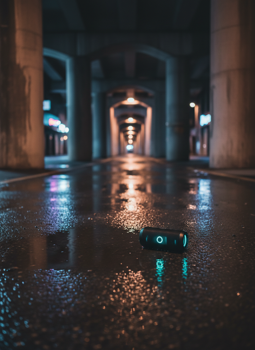 A deserted urban underpass at night, concrete pillars rising like monoliths, their surfaces slick and reflective from a recent rain. A single, small black portable speaker sits on the damp ground near a faint puddle, its LED indicator glowing a soft teal. Sodium streetlights and scattered neon signage cast muted orange and blue reflections across the scene, creating long, dramatic shadows. Captured in photographic realism with a wide-angle, low perspective, the speaker is in crisp focus while the distant tunnel gradually blurs. The mood is haunting yet inviting, an immersive visual echo of trip hop’s brooding, cinematic soundscapes.