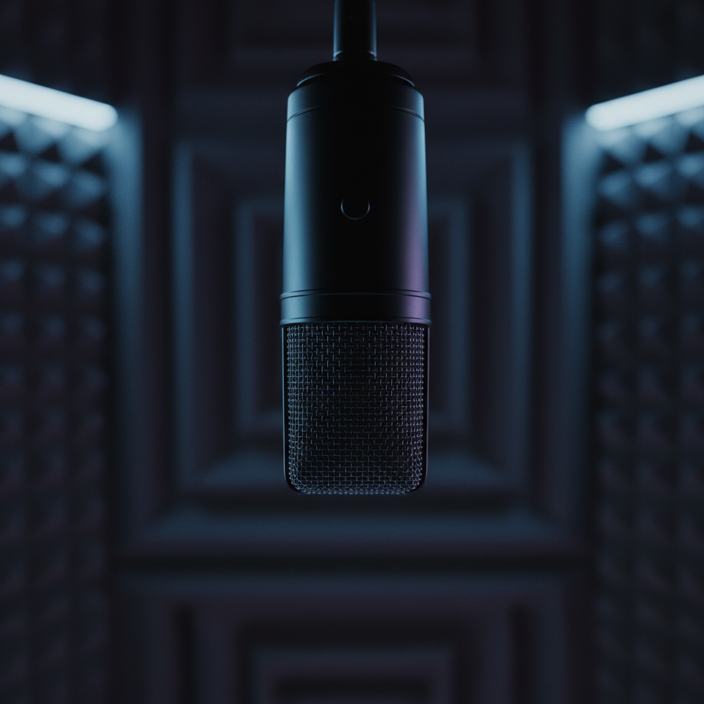 A sleek, matte-black studio microphone suspended in an empty recording booth, its finely woven grille catching subtle reflections from dim, cool-toned lights. The mic hovers above a dark, textured soundproof panel wall with soft geometric patterns receding into blur. Gentle, diffused blue and violet light washes across the surfaces, creating a moody, cinematic glow that suggests late-night sessions. Captured in photographic realism at eye level with a shallow depth of field, the microphone is sharply in focus while the booth melts into a creamy bokeh. The atmosphere feels sophisticated, introspective, and immersive, evoking the haunting ambience of trip hop without any performers present.