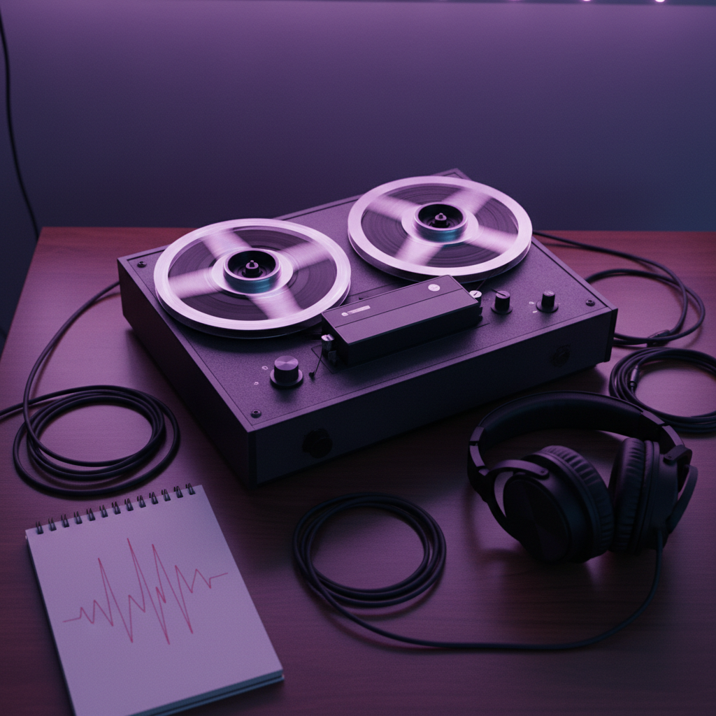 An old, slightly scuffed reel-to-reel tape machine on a dark wooden desk, its metallic reels spinning slowly and catching faint reflections of colored light. Surrounding the machine are neatly coiled audio cables, a small notepad with abstract sound-wave scribbles, and a pair of closed, matte-black studio headphones. The room is dimly lit by diffused purple and deep blue LED strips along the back wall, creating a dreamy, otherworldly aura. Photographic realism with an overhead three-quarter view and selective focus on the spinning reels. The atmosphere is intimate, experimental, and sophisticated, evoking the layered textures and analog warmth of trip hop production.