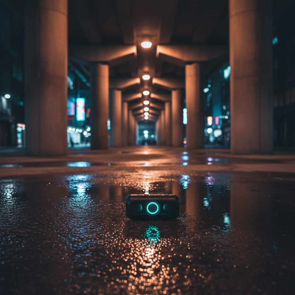 A deserted urban underpass at night, concrete pillars rising like monoliths, their surfaces slick and reflective from a recent rain. A single, small black portable speaker sits on the damp ground near a faint puddle, its LED indicator glowing a soft teal. Sodium streetlights and scattered neon signage cast muted orange and blue reflections across the scene, creating long, dramatic shadows. Captured in photographic realism with a wide-angle, low perspective, the speaker is in crisp focus while the distant tunnel gradually blurs. The mood is haunting yet inviting, an immersive visual echo of trip hop’s brooding, cinematic soundscapes.